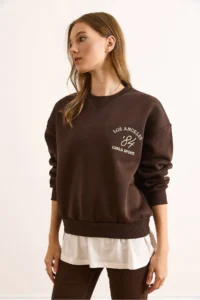 Olalook Women's Brown Skirt, Garnished Collar Detailed, Thick Sweatshirt with Rose Gold - Image 3