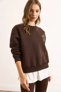 Olalook Women's Brown Skirt, Garnished Collar Detailed, Thick Sweatshirt with Rose Gold - Image 4