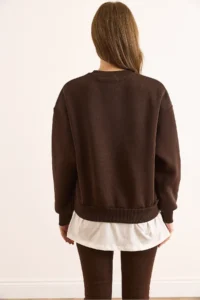 Olalook Women's Brown Skirt, Garnished Collar Detailed, Thick Sweatshirt with Rose Gold - Image 7