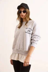 Olalook Women's Gray Melange Skirt Garnished Collar Detailed Raised Thick Sweatshirt - Image 2