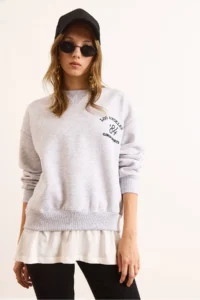 Olalook Women's Gray Melange Skirt Garnished Collar Detailed Raised Thick Sweatshirt - Image 3