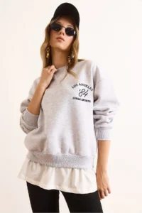 Olalook Women's Gray Melange Skirt Garnished Collar Detailed Raised Thick Sweatshirt - Image 5