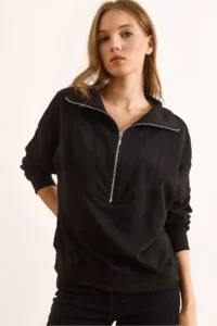 Olalook Women's Black Stitching Detailed Zippered Thick Sweatshirt