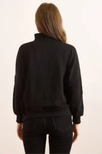 Olalook Women's Black Stitching Detailed Zippered Thick Sweatshirt - Image 2