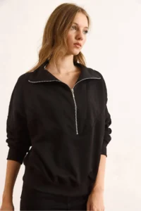 Olalook Women's Black Stitching Detailed Zippered Thick Sweatshirt - Image 3