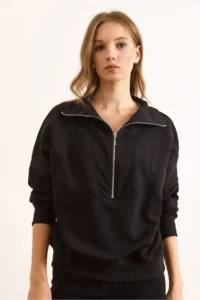 Olalook Women's Black Stitching Detailed Zippered Thick Sweatshirt - Image 4