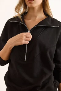 Olalook Women's Black Stitching Detailed Zippered Thick Sweatshirt - Image 5