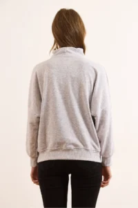 Olalook Women's Gray Melange Stitching Detailed Zippered Thick Sweatshirt without Raising - Image 2