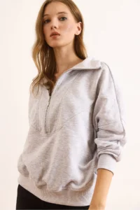 Olalook Women's Gray Melange Stitching Detailed Zippered Thick Sweatshirt without Raising - Image 3