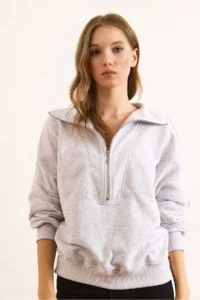 Olalook Women's Gray Melange Stitching Detailed Zippered Thick Sweatshirt without Raising - Image 4