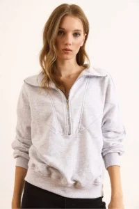 Olalook Women's Gray Melange Stitching Detailed Zippered Thick Sweatshirt without Raising - Image 5
