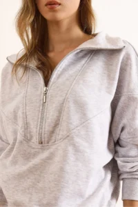 Olalook Women's Gray Melange Stitching Detailed Zippered Thick Sweatshirt without Raising - Image 6