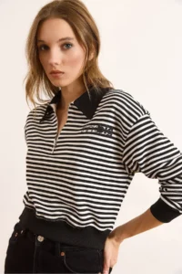 Olalook Women's Black Polo Neck Zippered Striped Crop Sweatshirt