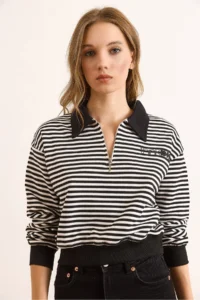 Olalook Women's Black Polo Neck Zippered Striped Crop Sweatshirt - Image 2
