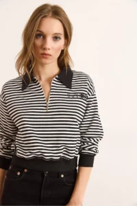 Olalook Women's Black Polo Neck Zippered Striped Crop Sweatshirt - Image 3