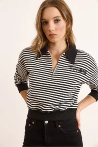 Olalook Women's Black Polo Neck Zippered Striped Crop Sweatshirt - Image 4