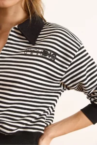 Olalook Women's Black Polo Neck Zippered Striped Crop Sweatshirt - Image 5
