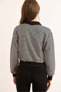 Olalook Women's Black Polo Neck Zippered Striped Crop Sweatshirt - Image 6