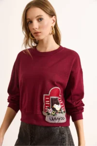 Olalook Women's Claret Red Applique Detailed Thick Crop Sweatshirt - Image 3