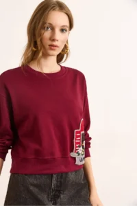 Olalook Women's Claret Red Applique Detailed Thick Crop Sweatshirt - Image 4