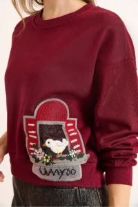 Olalook Women's Claret Red Applique Detailed Thick Crop Sweatshirt - Image 6