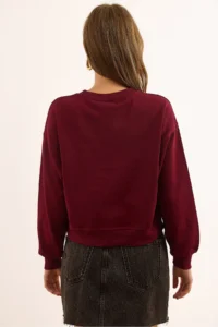 Olalook Women's Claret Red Applique Detailed Thick Crop Sweatshirt - Image 7