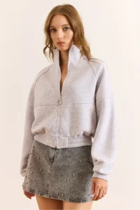 Olalook Women's Gray Melange Raglan Sleeve Zippered Rose Gold Thick Crop Sweatshirt - Image 2