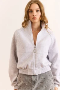 Olalook Women's Gray Melange Raglan Sleeve Zippered Rose Gold Thick Crop Sweatshirt - Image 3