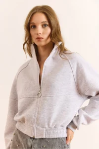 Olalook Women's Gray Melange Raglan Sleeve Zippered Rose Gold Thick Crop Sweatshirt - Image 4