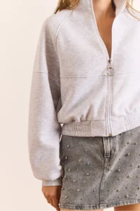 Olalook Women's Gray Melange Raglan Sleeve Zippered Rose Gold Thick Crop Sweatshirt - Image 5