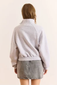 Olalook Women's Gray Melange Raglan Sleeve Zippered Rose Gold Thick Crop Sweatshirt - Image 6