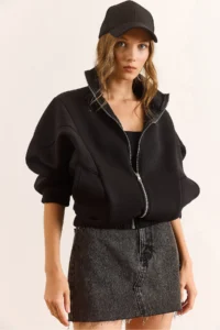 Olalook Women's Black Stitching Detailed Oversize Sweatshirt with Pockets - Image 2