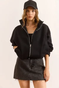 Olalook Women's Black Stitching Detailed Oversize Sweatshirt with Pockets - Image 3