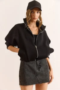 Olalook Women's Black Stitching Detailed Oversize Sweatshirt with Pockets - Image 4