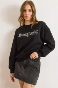 Olalook Women's Black Colored Embroidered Rose Gold Sweatshirt