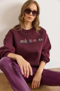 Olalook Women's Burgundy Colored Embroidered Rose Gold Sweatshirt - Image 3
