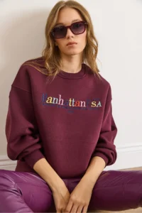 Olalook Women's Burgundy Colored Embroidered Rose Gold Sweatshirt - Image 4