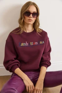 Olalook Women's Burgundy Colored Embroidered Rose Gold Sweatshirt - Image 5