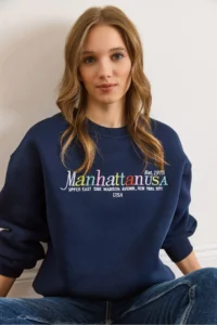 Olalook Women's Navy Blue Colored Embroidered Rose Gold Sweatshirt