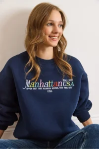 Olalook Women's Navy Blue Colored Embroidered Rose Gold Sweatshirt - Image 4