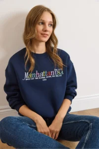 Olalook Women's Navy Blue Colored Embroidered Rose Gold Sweatshirt - Image 6