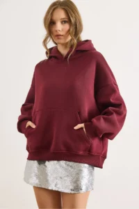 Olalook Women's Burgundy Back Culture Embroidered Raised Oversize Sweatshirt - Image 2