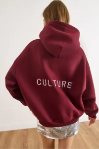 Olalook Women's Burgundy Back Culture Embroidered Raised Oversize Sweatshirt - Image 3