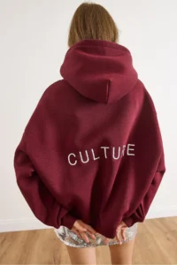 Olalook Women's Burgundy Back Culture Embroidered Raised Oversize Sweatshirt - Image 4