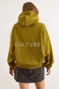 Olalook Women's Oil Green Back Culture Embroidered Raised Oversize Sweatshirt - Image 4
