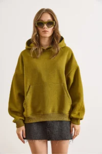 Olalook Women's Oil Green Back Culture Embroidered Raised Oversize Sweatshirt - Image 6