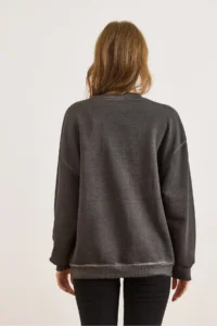 Olalook Women's Anthracite Crew Neck Basic Washed Sweatshirt - Image 2