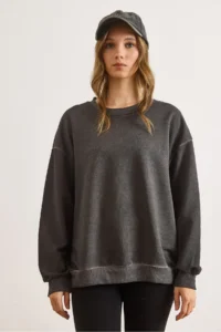 Olalook Women's Anthracite Crew Neck Basic Washed Sweatshirt - Image 3