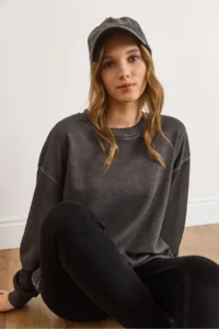 Olalook Women's Anthracite Crew Neck Basic Washed Sweatshirt - Image 6