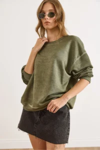 Olalook Women's Khaki Crew Neck Basic Washed Sweatshirt
